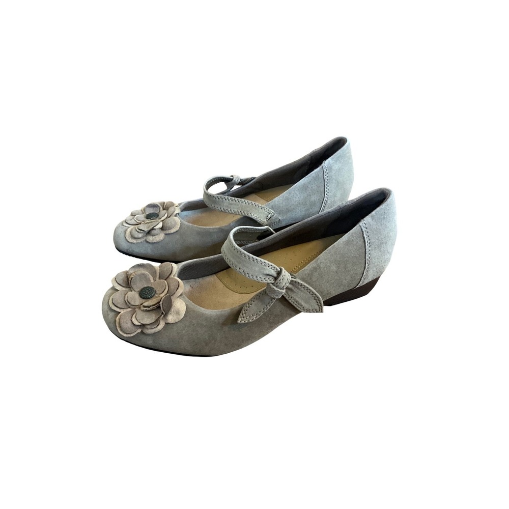 Earth Spirit Mary Jane Wedges Women 9 Taupe Leather Flower Strap Comfort